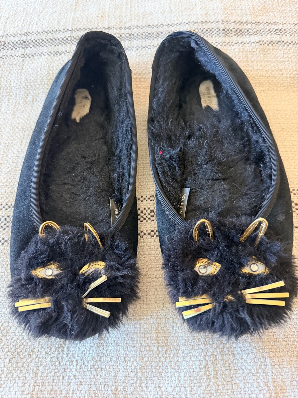 Kate Spade Black Fuzzy Cat Face Slippers with Gold Accents